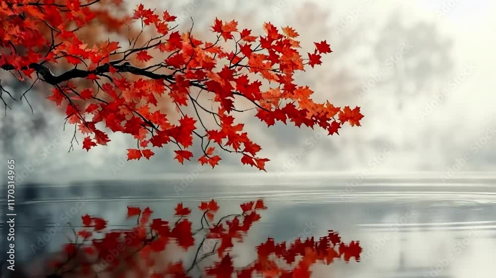 Autumn leaves gracefully reflect on calm water in a tranquil setting Autumn leaves gracefully reflect on calm water in a tranquil setting