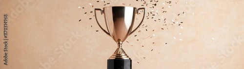 A gleaming trophy stands on a pedestal, surrounded by shimmering confetti, symbolizing achievement and celebration. photo
