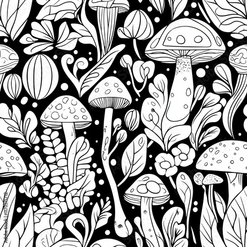 Whimsical Forest with Trees and Mushrooms Illustration photo
