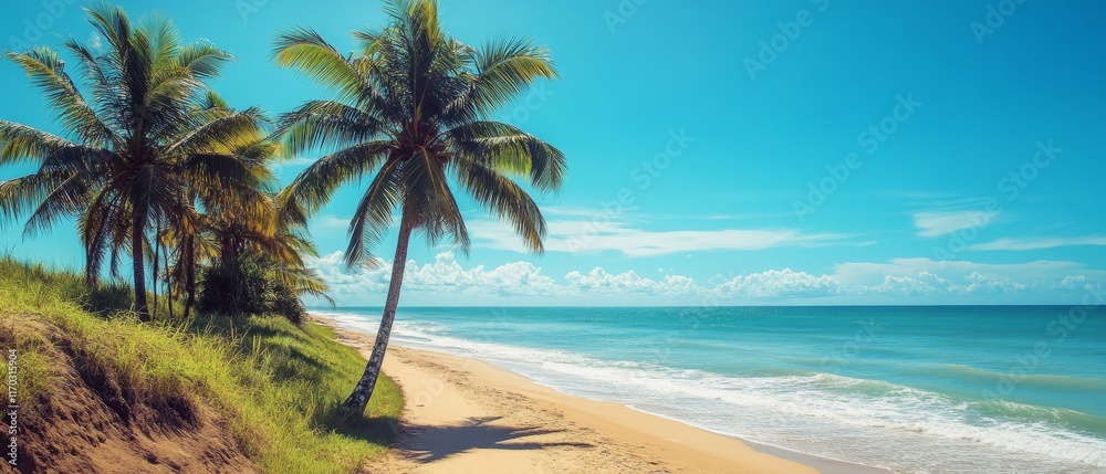 Obraz premium Beachfront Walkway with Palm Trees
