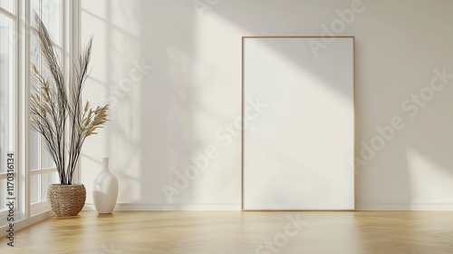 Minimalist interior with blank canvas and natural light, creating a serene and peaceful living space.