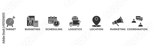 Event management banner web icon vector illustration concept with icon of target, budgeting, scheduling, logistics, location, marketing, and coordination