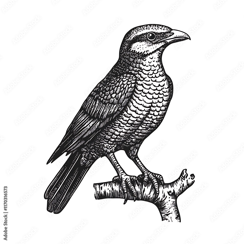 Fototapeta premium Bird perched on a branch, detailed sketch.
