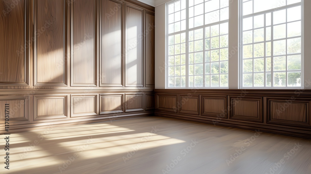 Fototapeta premium Sunlit empty room with wooden panels and large windows, casting warm natural light on the floor.