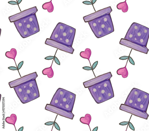 Charming seamless Valentine's Day pattern featuring purple flower pots with heart-shaped pink flowers and green leaves. A whimsical design perfect for decor, crafts, and festive projects