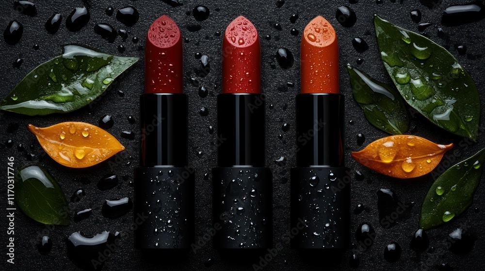 Three lipsticks with raindrops on dark surface. Three lipsticks with raindrops on dark surface.