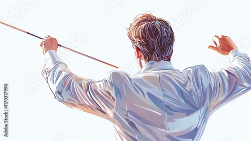 A close-up traditional illustration of a conductor's upper body, emphasizing the energy in his baton movements and expressive gestures photo