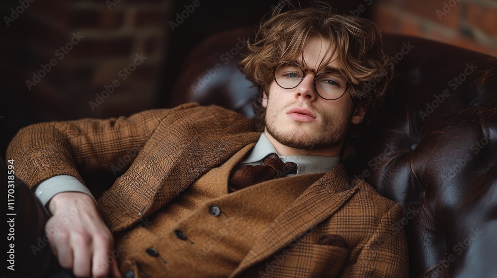 Obraz premium Stylish young man in vintage attire, posing confidently.