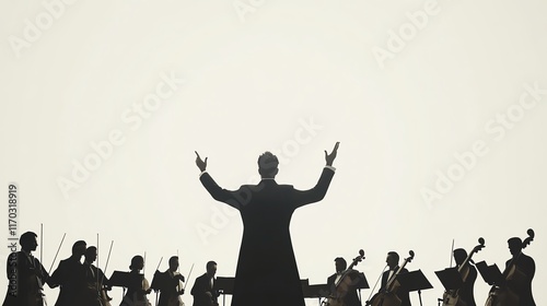 Orchestra conduction, passionate maestro in motion, pure white backdrop, classic style, 3D illustration