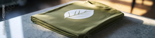 Olive green T-shirt featuring a minimalist leaf design in white, neatly folded and placed on a clean marble countertop, natural light enhancing details