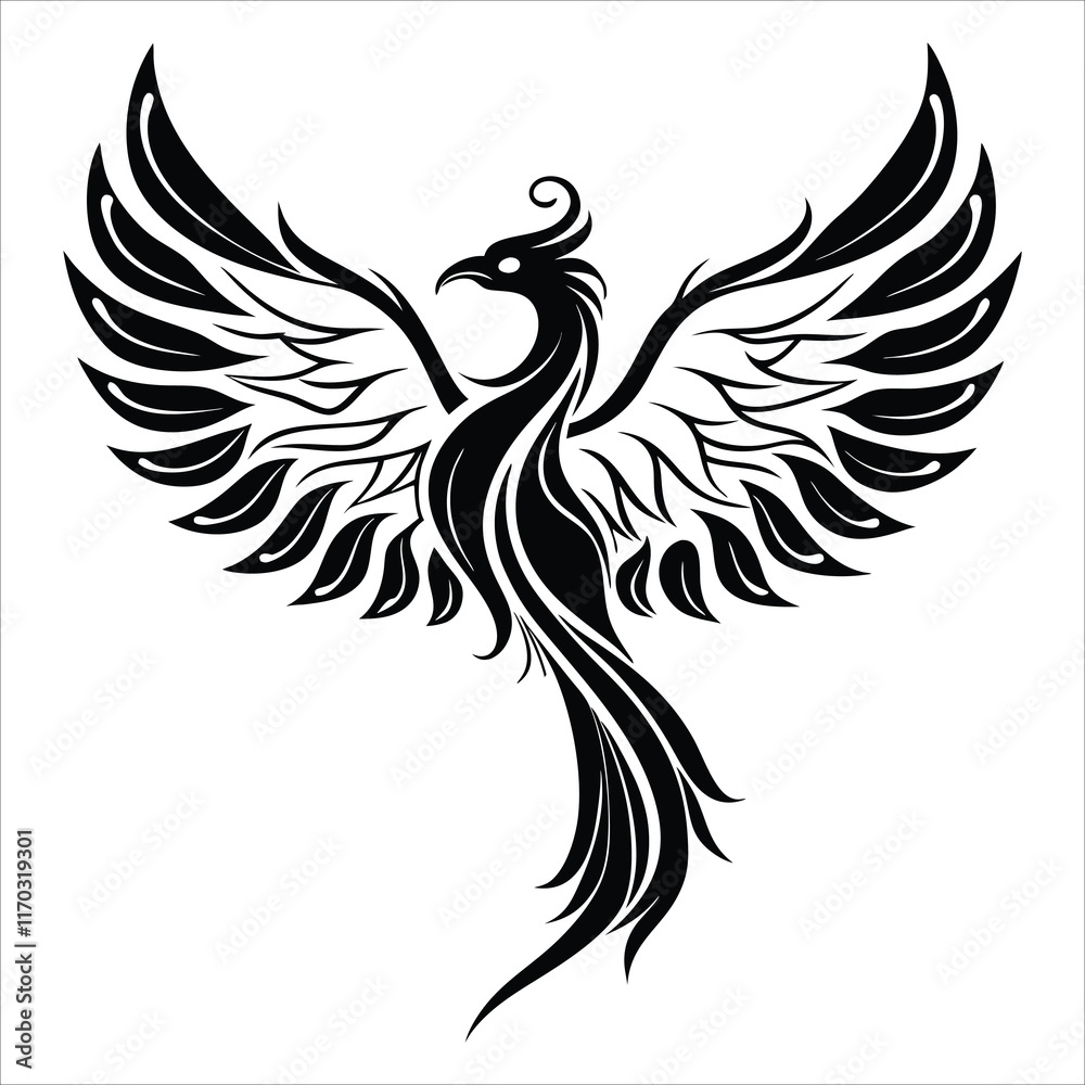 Fototapeta premium Powerful phoenix rising tattoo design in monochrome tribal art