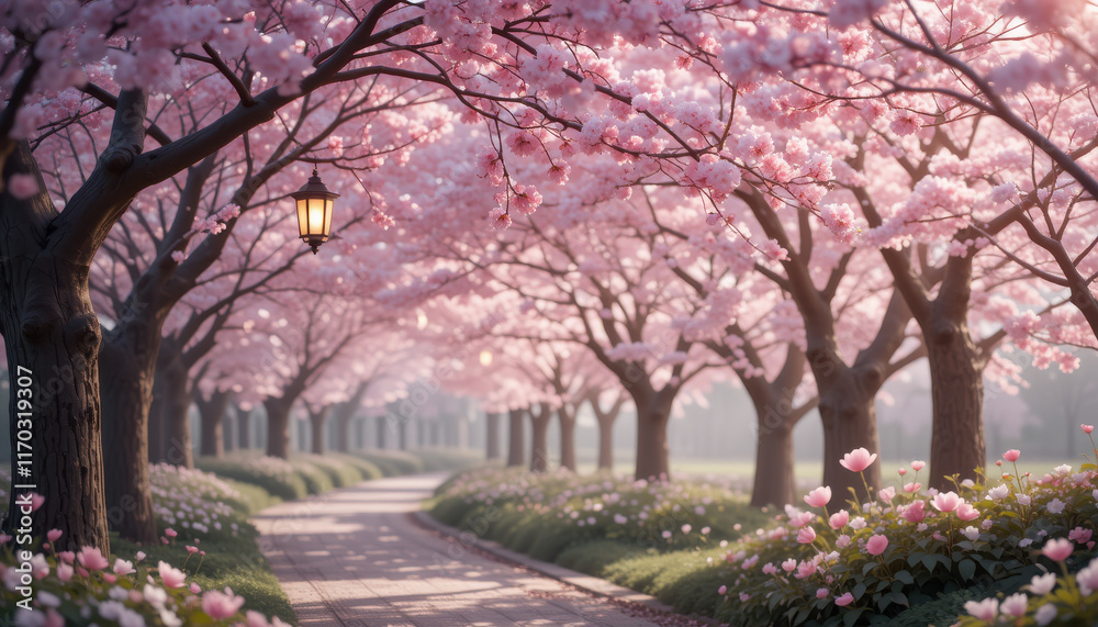 Naklejka premium Serene cherry blossom pathway with blooming flowers and lantern.