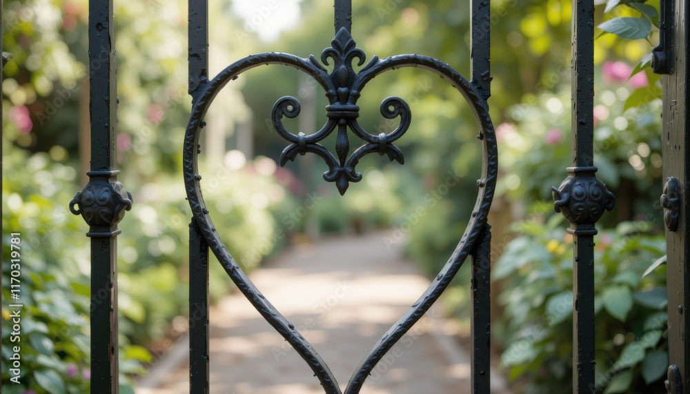 Obraz premium Heart-shaped gate leading to a serene garden path.