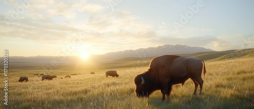 Bison grazing under vast prairie sky at warm evening nature serene landscape scenic view photo