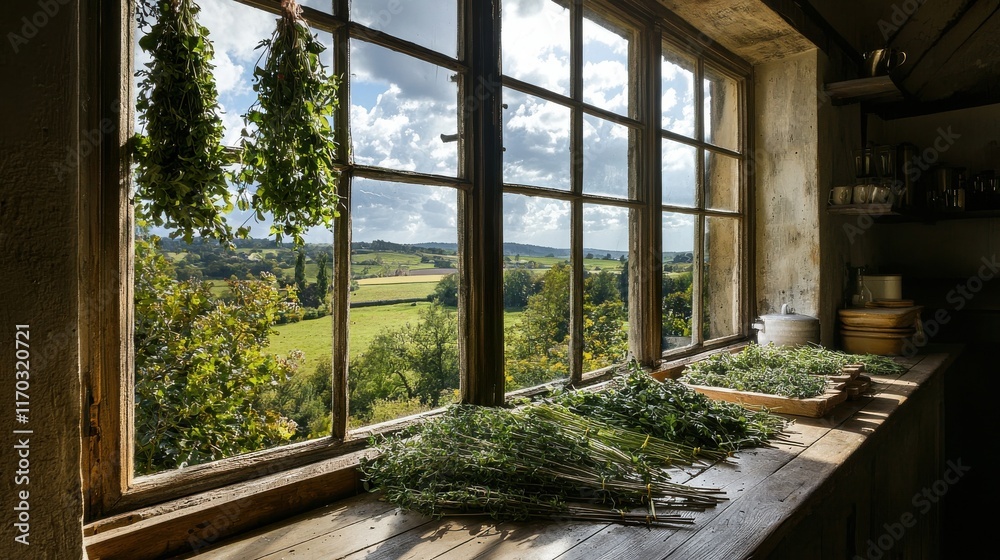 Herb drying process on a windowsill in a rustic kitchen nature view lifestyle scene Herb drying process on a windowsill in a rustic kitchen nature view lifestyle scene