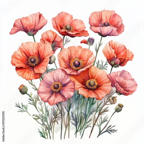 Vibrant Poppy Flowers Illustration in Watercolor Style