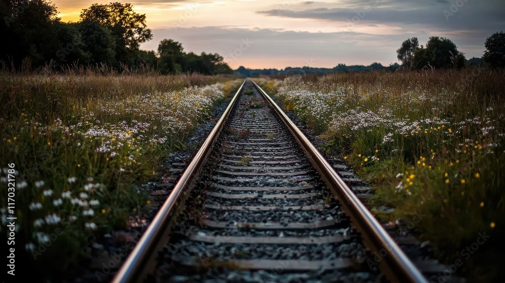 Fototapeta premium Sunset journey along countryside railway track lush fields landscape peaceful environment vanishing path
