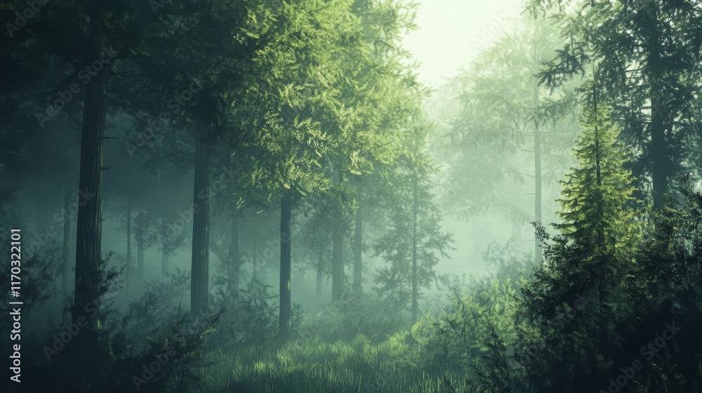 The scene captures the dense, lush green trees shrouded in a mystical layer of fog, creating a serene and tranquil atmosphere. The forest is rich with various shades of green. The scene captures the dense, lush green trees shrouded in a mystical layer of fog, creating a serene and tranquil atmosphere. The forest is rich with various shades of green.