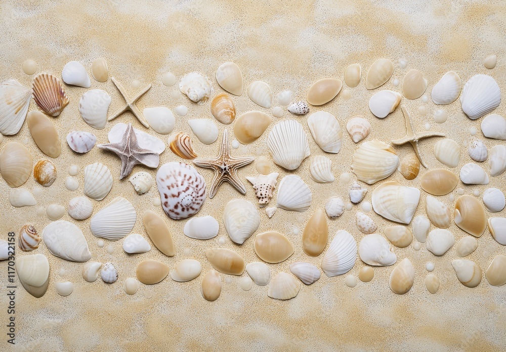 Obraz premium Variety of Shells and Starfish on Sandy Beach Background
