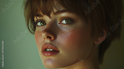 Beautiful brown haired with stylish short hairstyle. Woman with a  curly hair. Beautiful young woman with freckles on face.  Closeup portrait of an attractive girl  with a brown makeup. 