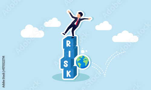 A businessman nearly falls from a stack of boxes labeled RISK hit by a globe, illustration of larger business scale increasing risks