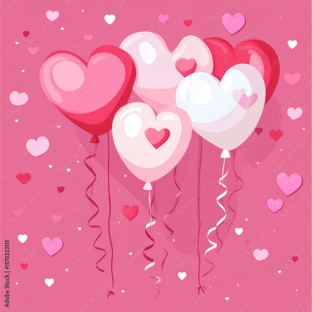 Colorful heart shaped balloons in pink and red against pink background create festive atmosphere, perfect for celebrations like Valentine Day Colorful heart shaped balloons in pink and red against pink background create festive atmosphere, perfect for celebrations like Valentine Day