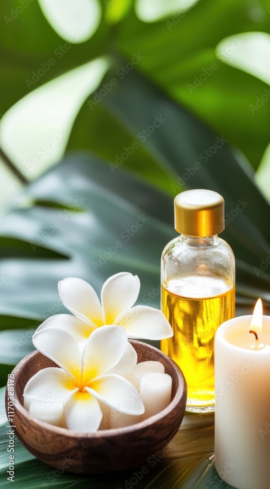 Serene Spa Composition with Essential Oil, Flowers, and Candle