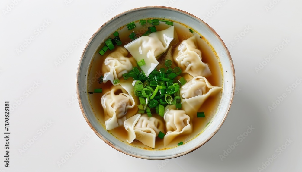 Delicious Wonton Soup Served in a Bowl with Fresh Green Onions on a White Background Delicious Wonton Soup Served in a Bowl with Fresh Green Onions on a White Background