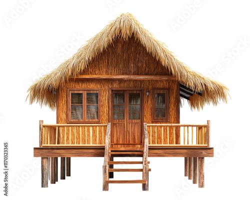 beachside bungalow with wooden frame and thatched roof, featuring cozy porch and steps leading up. This charming structure evokes tropical paradise vibe