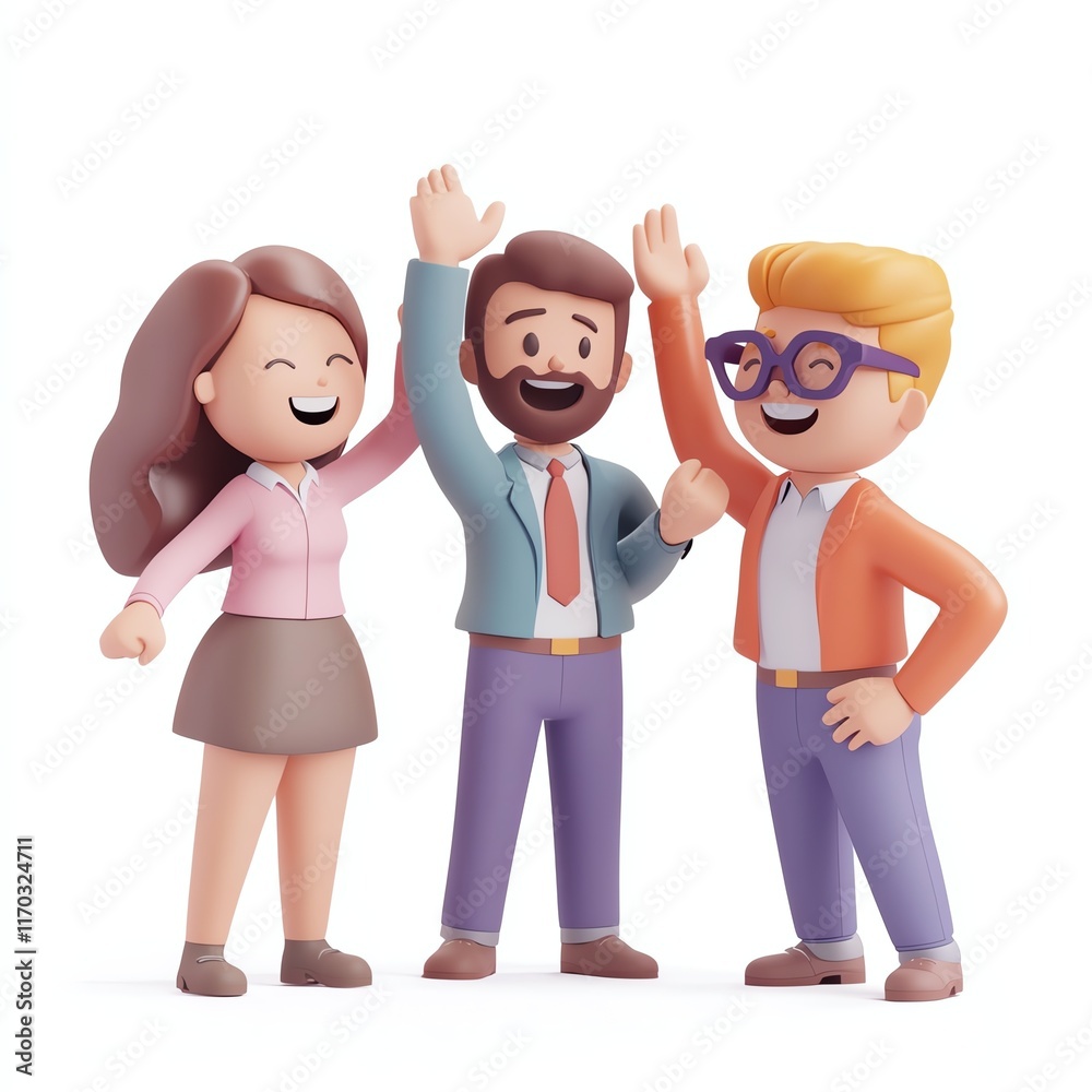 Fototapeta premium Collaborative victory, professionals celebrating teamwork with high fives, dynamic office, 3D illustration
