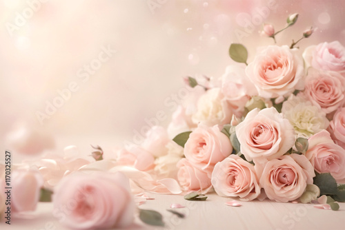 A bouquet of roses bathed in soft light with petals gently falling as love blooms-Valentine's Day Concept