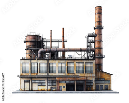Industrial factory building with metal pipes and smokestacks, showcasing vintage design. structure features large windows and weathered exterior, reflecting its industrial heritage