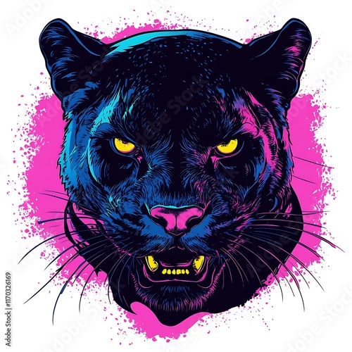 Growling panther face with vibrant neon colors.