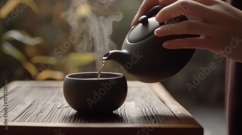 Hands Pouring Hot Tea from Teapot into Bowl on Wooden Surface