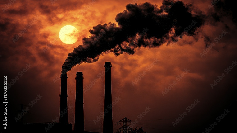 Obraz premium A close-up of industrial chimneys spewing black smoke into the atmosphere, with the sun barely visible through the thick haze.