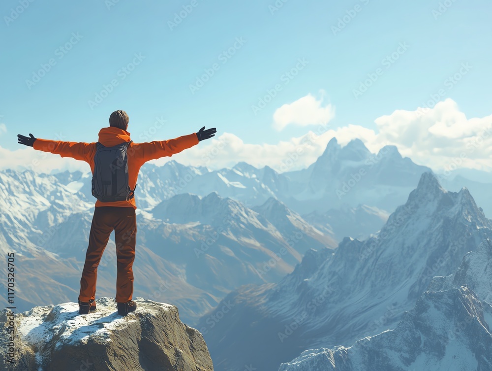Obraz premium Solo traveler on summit, outstretched arms and breathtaking vista, 3D illustration