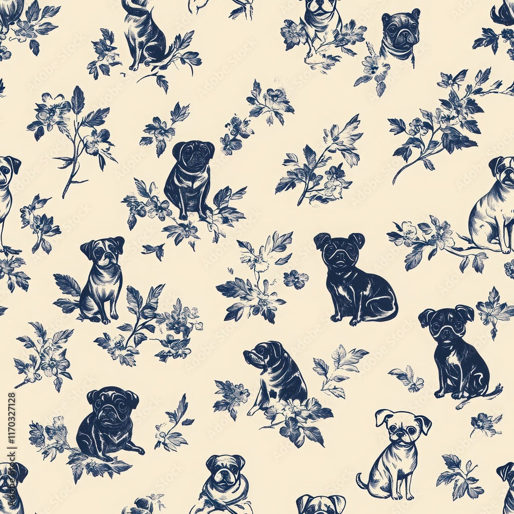 A charming pattern featuring various dog illustrations amidst leafy designs, ideal for fabric or wallpaper. seamless pattern A charming pattern featuring various dog illustrations amidst leafy designs, ideal for fabric or wallpaper. seamless pattern