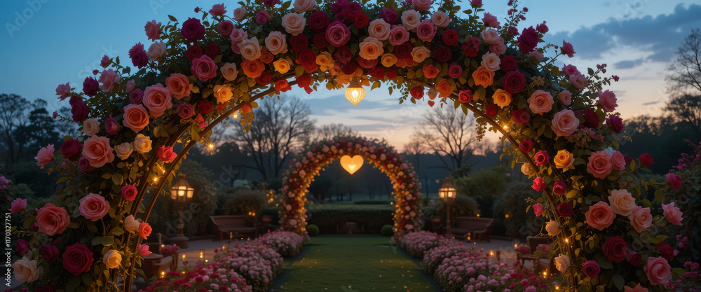 Fototapeta premium Romantic garden pathway adorned with floral arches and soft lighting.