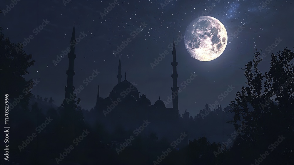 Naklejka premium Mesmerizing mosque illuminated under the night sky, celebrating ramadan kareem in all its glory