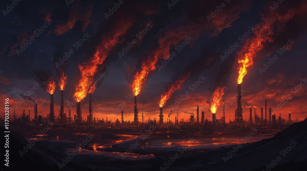 A sprawling oil refinery with towering flares burning off excess gas, creating a dramatic industrial atmosphere under a night sky. A sprawling oil refinery with towering flares burning off excess gas, creating a dramatic industrial atmosphere under a night sky.