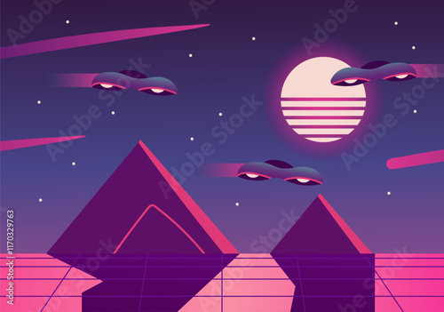 Smart city of the future with pyramid and flying futuristic cars. Night city with neon illumination, metaverse technology. Urban architecture, megalopolis infrastructure. Flat Cartoon vector.