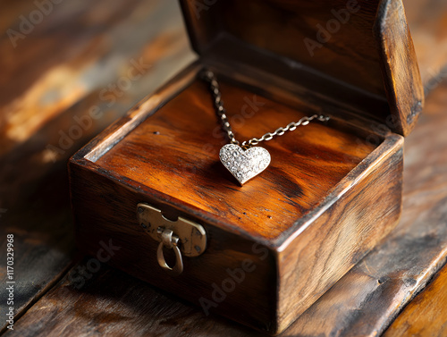 Wooden treasure chest holding a silver heart pendant evokes memories of love and cherished moments in time photo