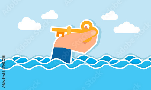A hand saves a key from a flood, illustration of securing business solutions from challenges to stay relevant