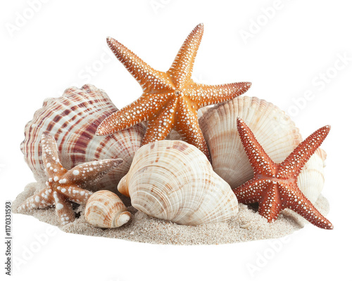 collection of seashells and starfish on sandy beach, showcasing natural beauty and marine life. Perfect for coastal decor or educational purposes photo