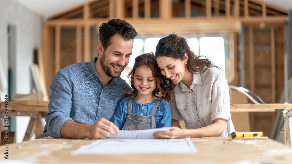 Fototapeta premium A family collaborates on a home project, reviewing plans with joy and excitement in a cozy, under-construction setting.