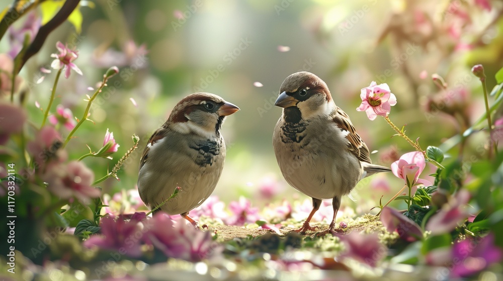 Two small sparrows standing side by side on a garden path, surrounded by tiny flowers. Two small sparrows standing side by side on a garden path, surrounded by tiny flowers.
