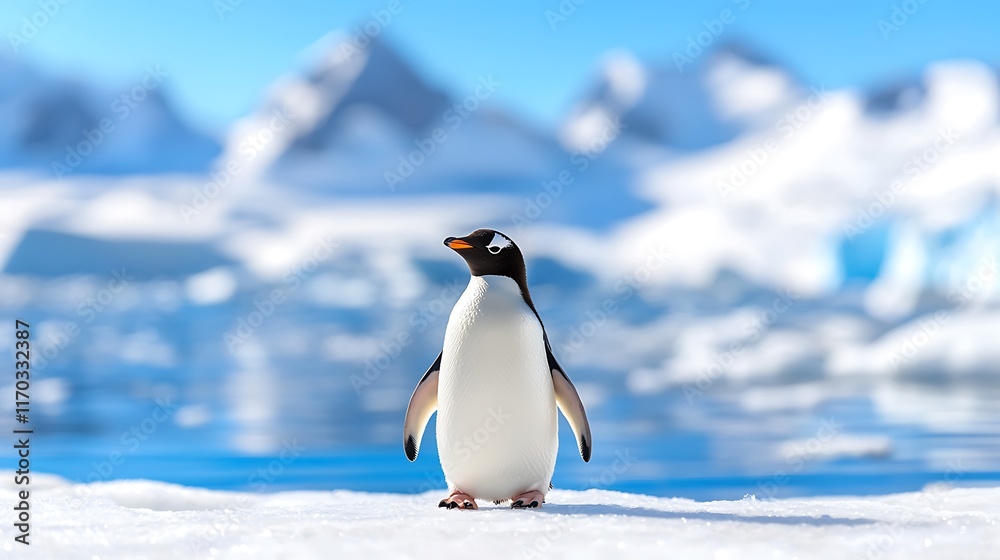 Obraz premium Gentoo penguin standing on snow in Antarctica, mountains background.