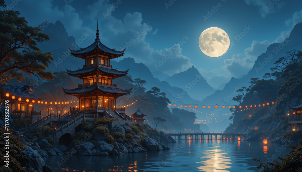 Fototapeta premium Serene night scene with a pagoda by a river under a full moon.