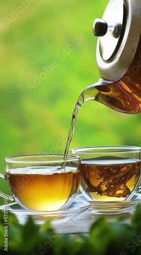 Pouring Tea into Clear Cups with Green Natural Background