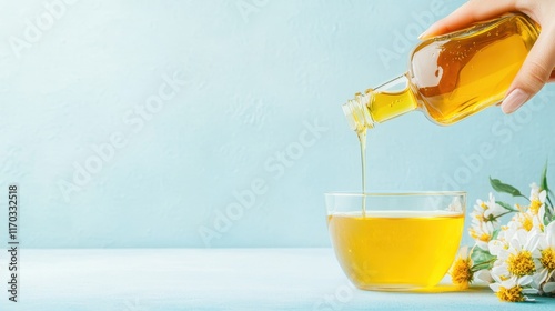 Hand Pouring Natural Oil Into Glass Bowl On Light Blue Background